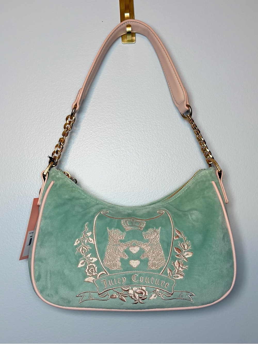 NWT Viral Juicy Couture New Love Chapter Shoulder Bag Frosty Green Velour Crest - Picture 4 of 16